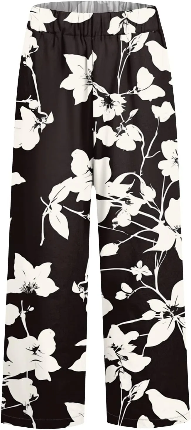 Linen Pants Women Summer Boho Wide Leg Pants High Waisted Palazzo Pant Floral Print Beach Trousers with Pockets