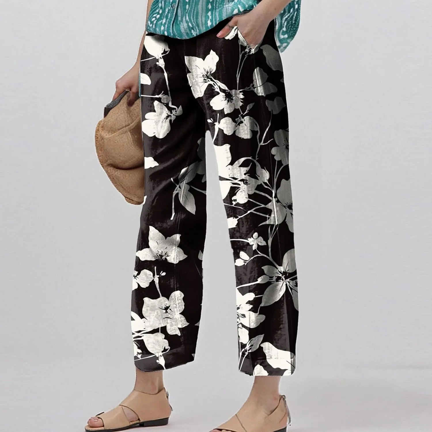 Linen Pants Women Summer Boho Wide Leg Pants High Waisted Palazzo Pant Floral Print Beach Trousers with Pockets