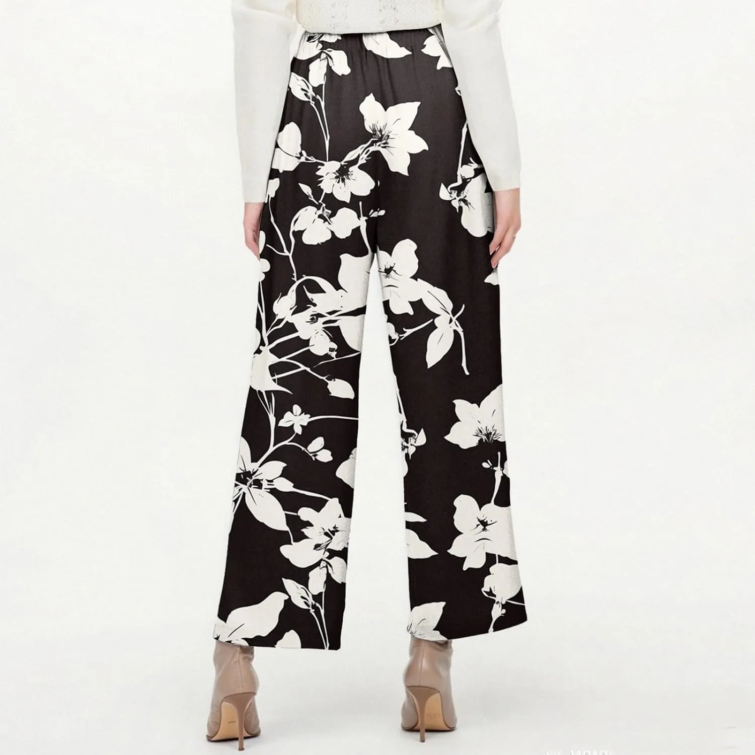 Linen Pants Women Summer Boho Wide Leg Pants High Waisted Palazzo Pant Floral Print Beach Trousers with Pockets