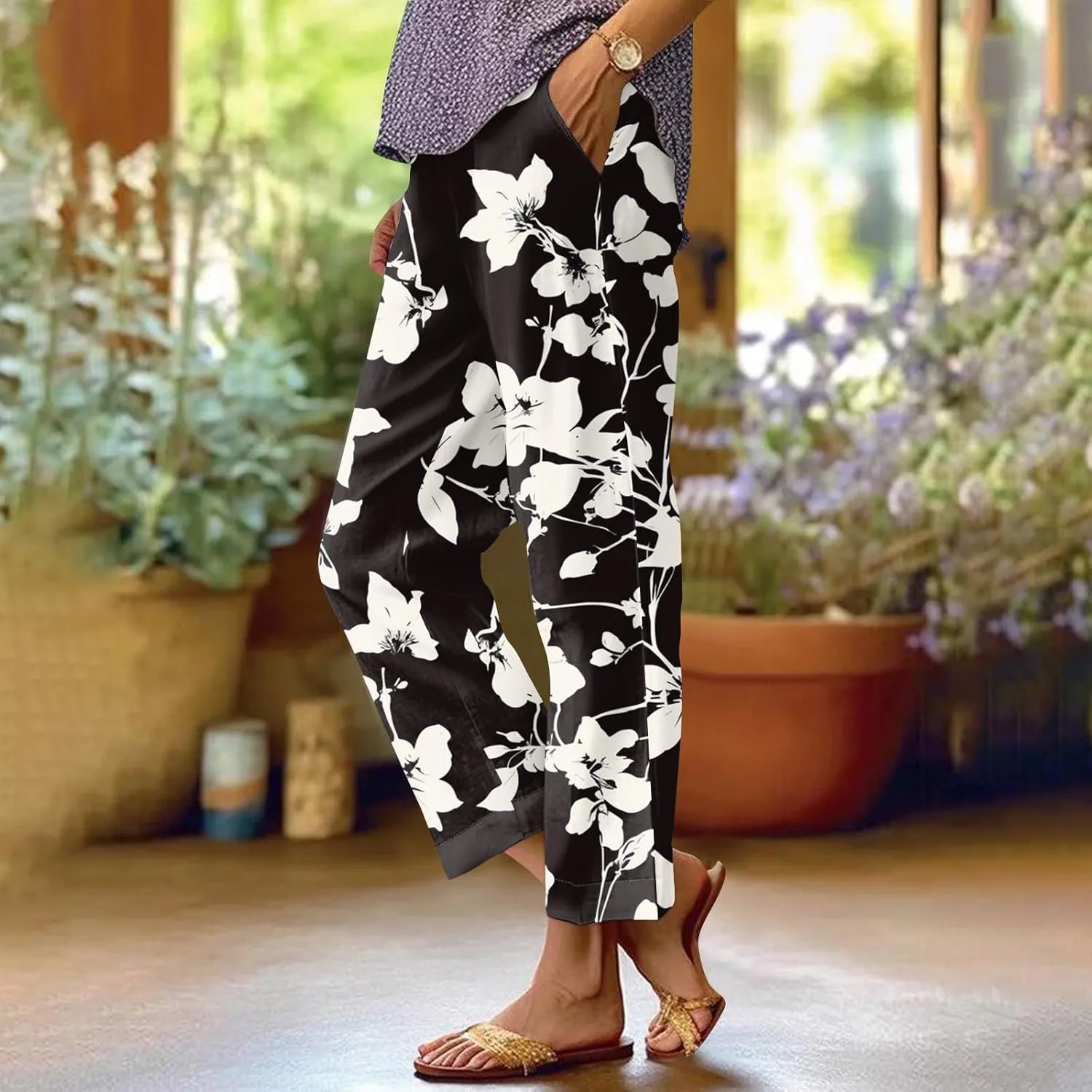 Linen Pants Women Summer Boho Wide Leg Pants High Waisted Palazzo Pant Floral Print Beach Trousers with Pockets