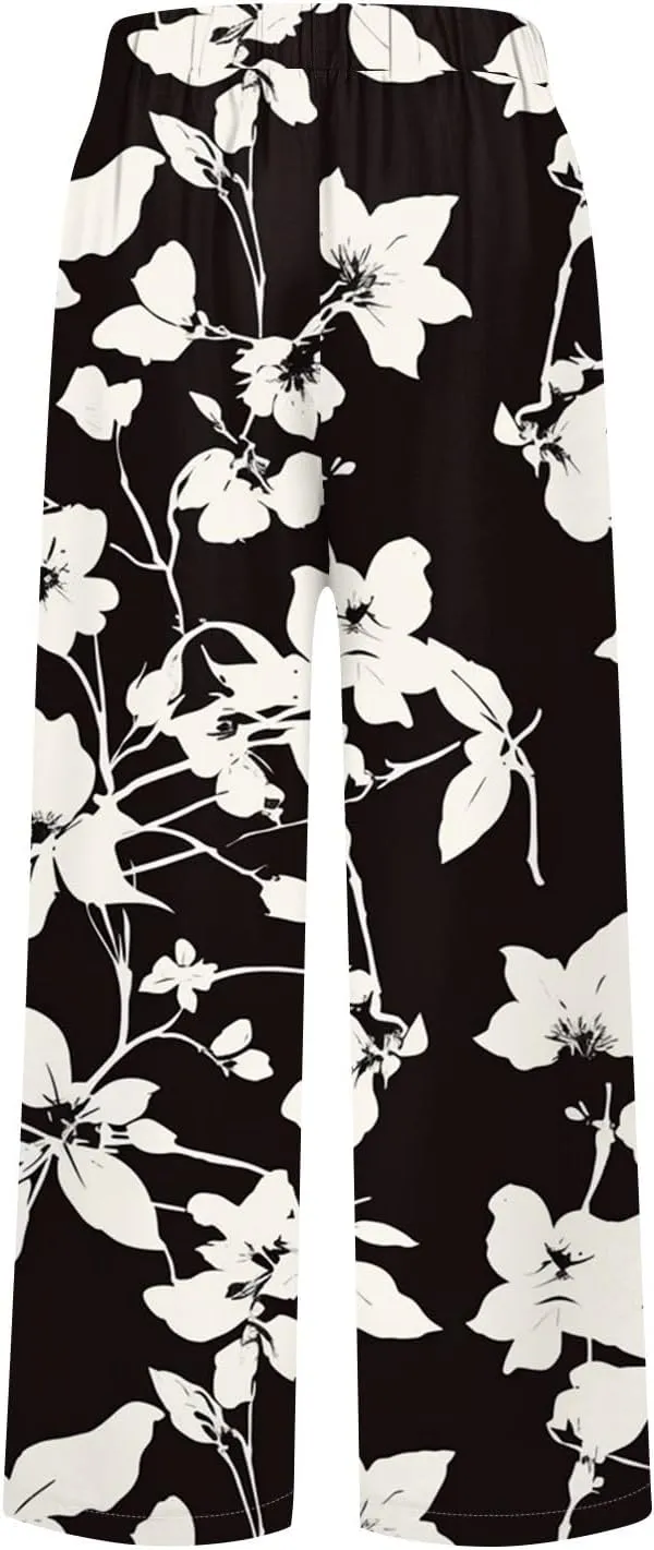 Linen Pants Women Summer Boho Wide Leg Pants High Waisted Palazzo Pant Floral Print Beach Trousers with Pockets