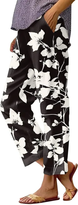Linen Pants Women Summer Boho Wide Leg Pants High Waisted Palazzo Pant Floral Print Beach Trousers with Pockets