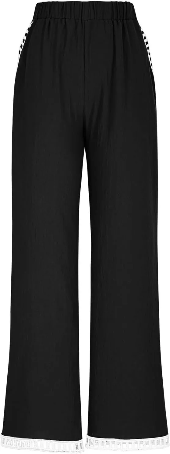 Linen Pants Women Summer Lounge Pant Elastic High Waist Pants Casual Lightweight Capris Trouser Straight Leg Slacks