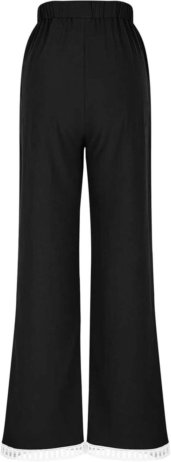 Linen Pants Women Summer Lounge Pant Elastic High Waist Pants Casual Lightweight Capris Trouser Straight Leg Slacks
