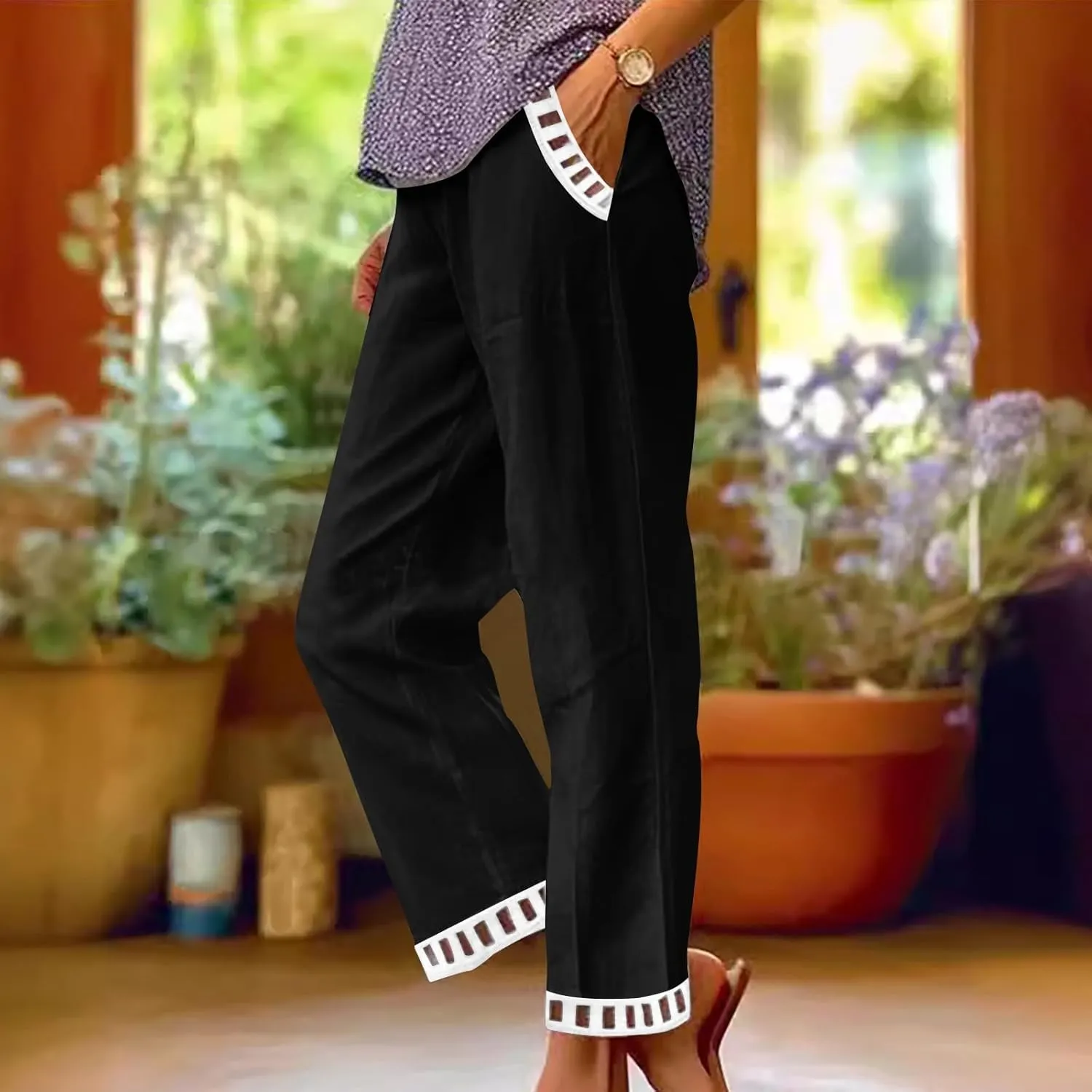 Linen Pants Women Summer Lounge Pant Elastic High Waist Pants Casual Lightweight Capris Trouser Straight Leg Slacks