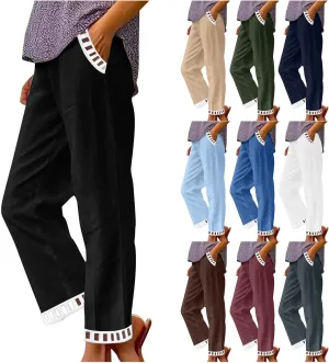 Linen Pants Women Summer Lounge Pant Elastic High Waist Pants Casual Lightweight Capris Trouser Straight Leg Slacks