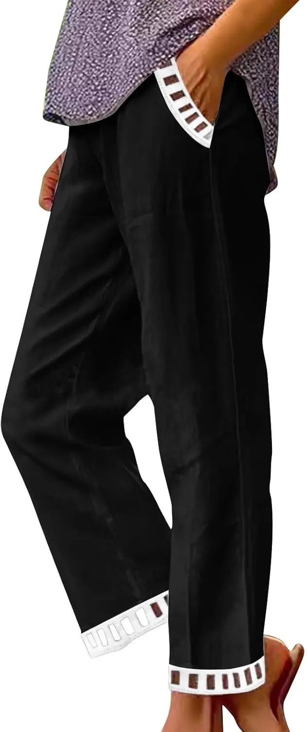 Linen Pants Women Summer Lounge Pant Elastic High Waist Pants Casual Lightweight Capris Trouser Straight Leg Slacks