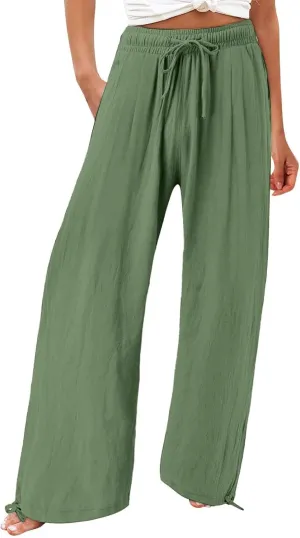 Linen Pants Women Summer Wide Leg Drawstring Elastic Waist Pant High Waisted Palazzo Pants Casual Beach Trousers