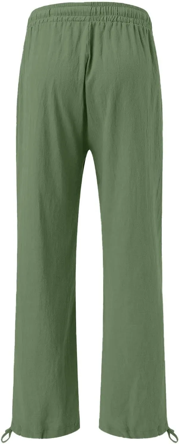 Linen Pants Women Summer Wide Leg Drawstring Elastic Waist Pant High Waisted Palazzo Pants Casual Beach Trousers