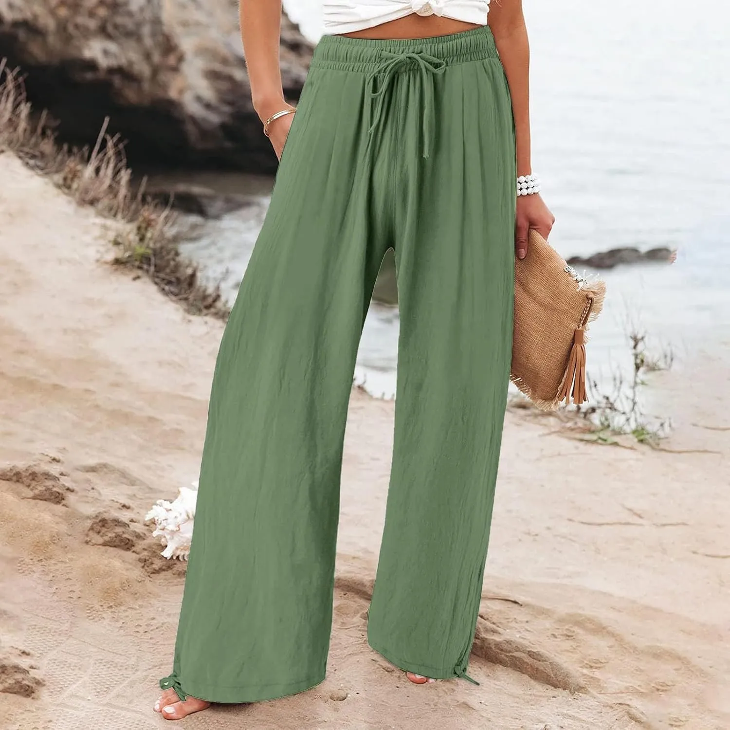 Linen Pants Women Summer Wide Leg Drawstring Elastic Waist Pant High Waisted Palazzo Pants Casual Beach Trousers