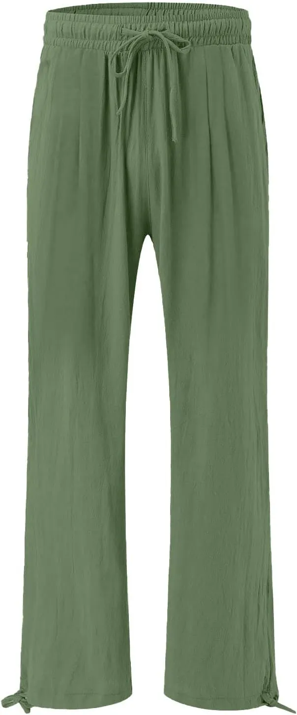 Linen Pants Women Summer Wide Leg Drawstring Elastic Waist Pant High Waisted Palazzo Pants Casual Beach Trousers