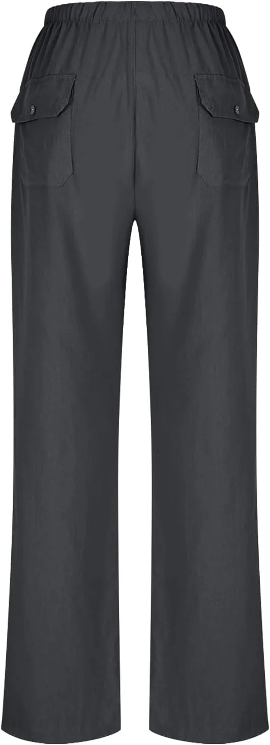 Linen Pants Women Summer Wide Leg High Waisted Casual Pant Drawstring Elastic Waist Palazzo Beach Trousers with Pockets