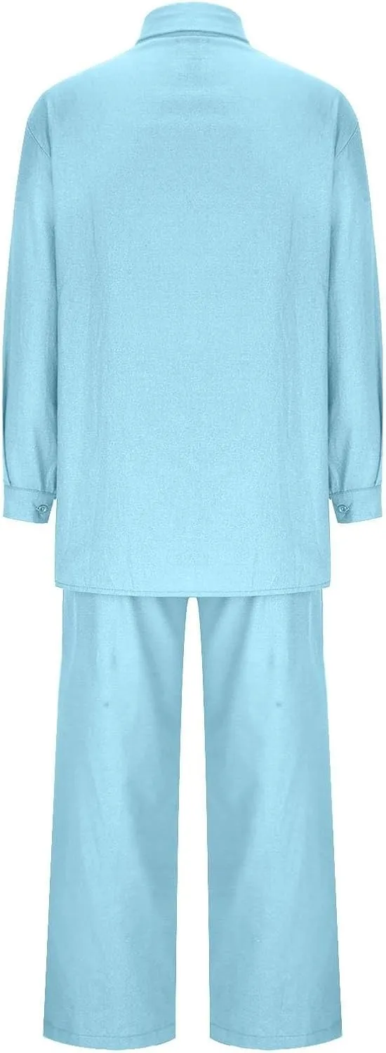 Linen Sets for Women 2 Piece 2025 Long Sleeve Shirts Wide Leg Trousers Loose Fit Dressy Cotton Linen Sets Outfits