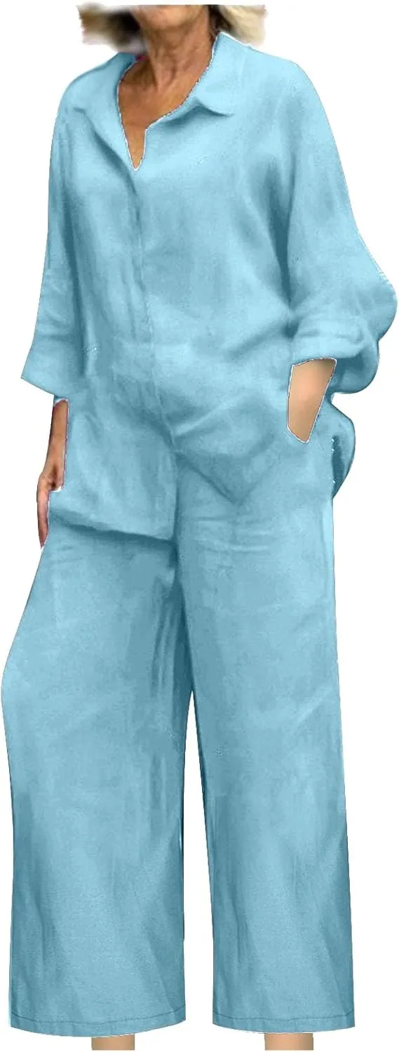 Linen Sets for Women 2 Piece 2025 Long Sleeve Shirts Wide Leg Trousers Loose Fit Dressy Cotton Linen Sets Outfits