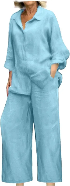 Linen Sets for Women 2 Piece 2025 Long Sleeve Shirts Wide Leg Trousers Loose Fit Dressy Cotton Linen Sets Outfits