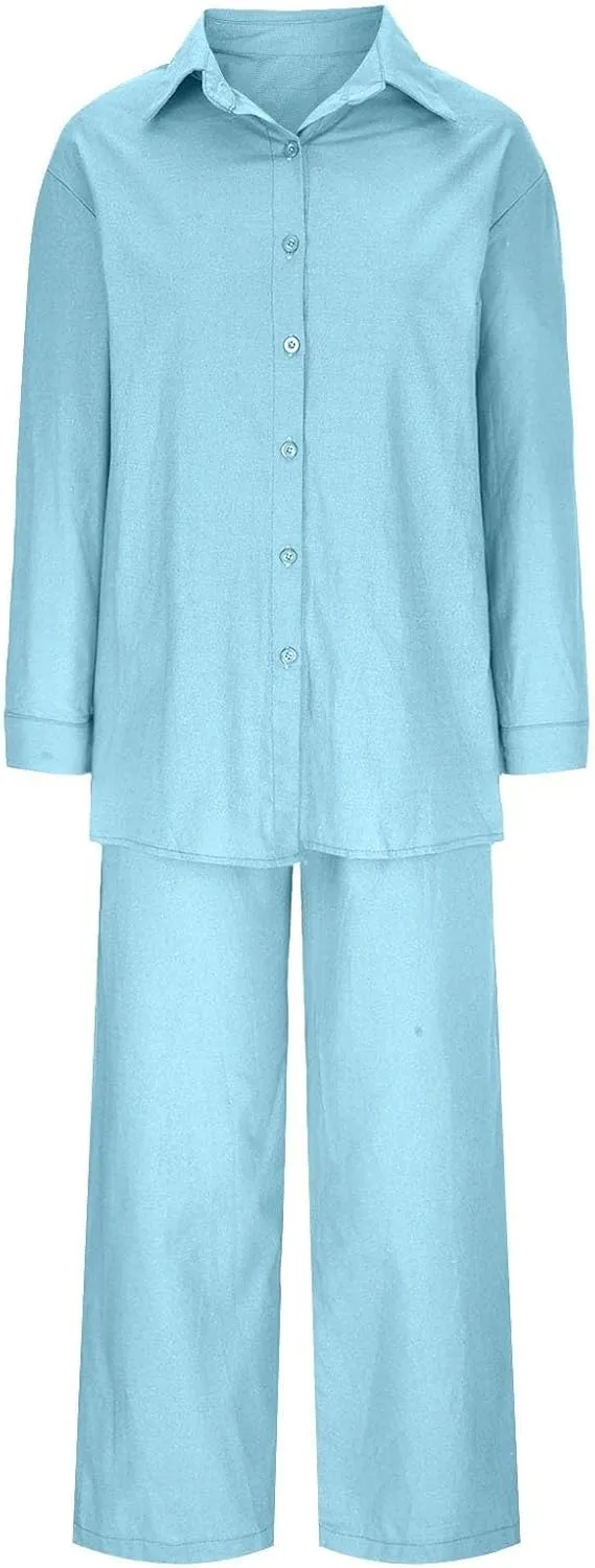 Linen Sets for Women 2 Piece 2025 Long Sleeve Shirts Wide Leg Trousers Loose Fit Dressy Cotton Linen Sets Outfits