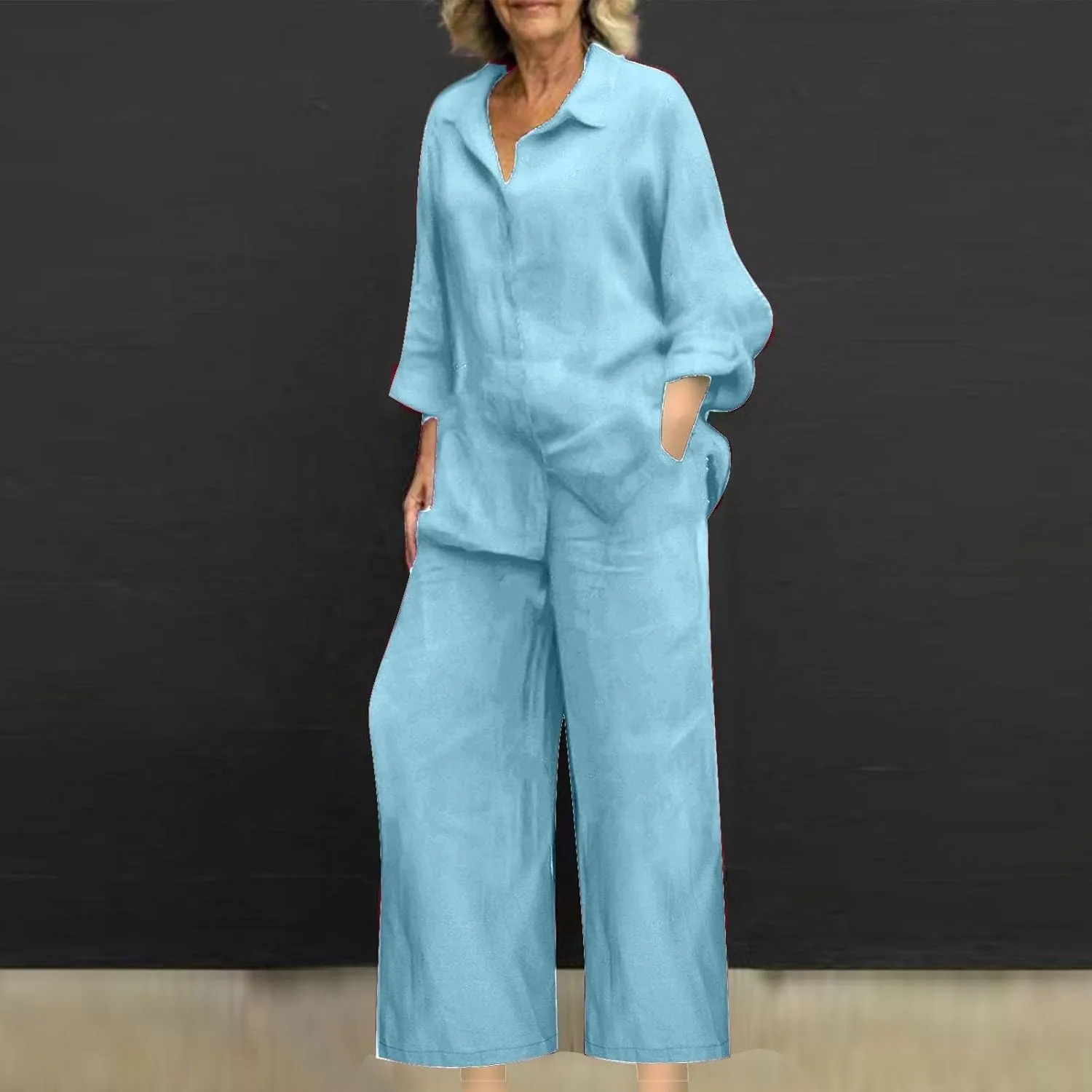 Linen Sets for Women 2 Piece 2025 Long Sleeve Shirts Wide Leg Trousers Loose Fit Dressy Cotton Linen Sets Outfits