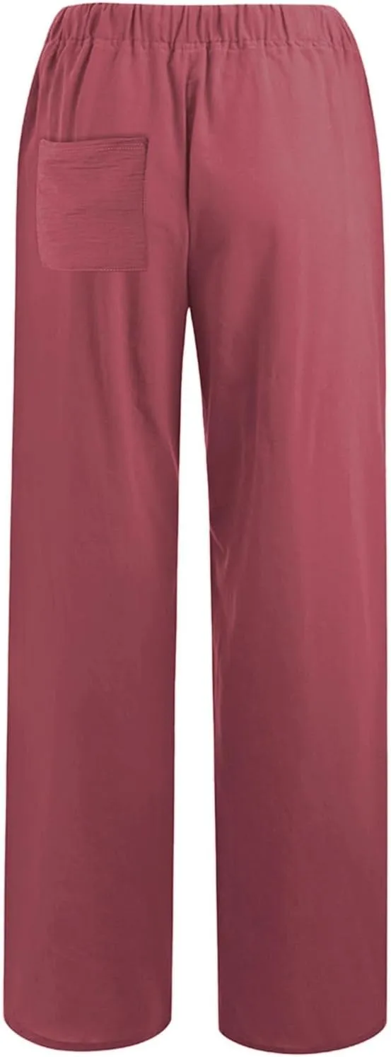 Linen Wide Leg Pants for Women Casual Elastic Waisted Palazzo Stretchy Summer Beach Travel Vacation Lounge Trousers