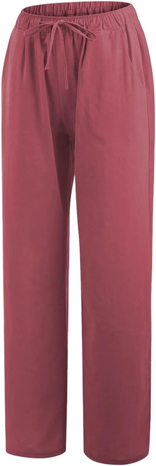 Linen Wide Leg Pants for Women Casual Elastic Waisted Palazzo Stretchy Summer Beach Travel Vacation Lounge Trousers