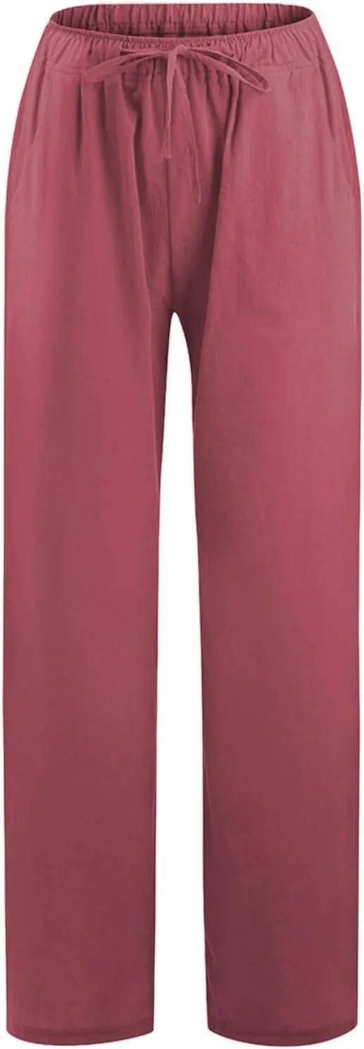 Linen Wide Leg Pants for Women Casual Elastic Waisted Palazzo Stretchy Summer Beach Travel Vacation Lounge Trousers