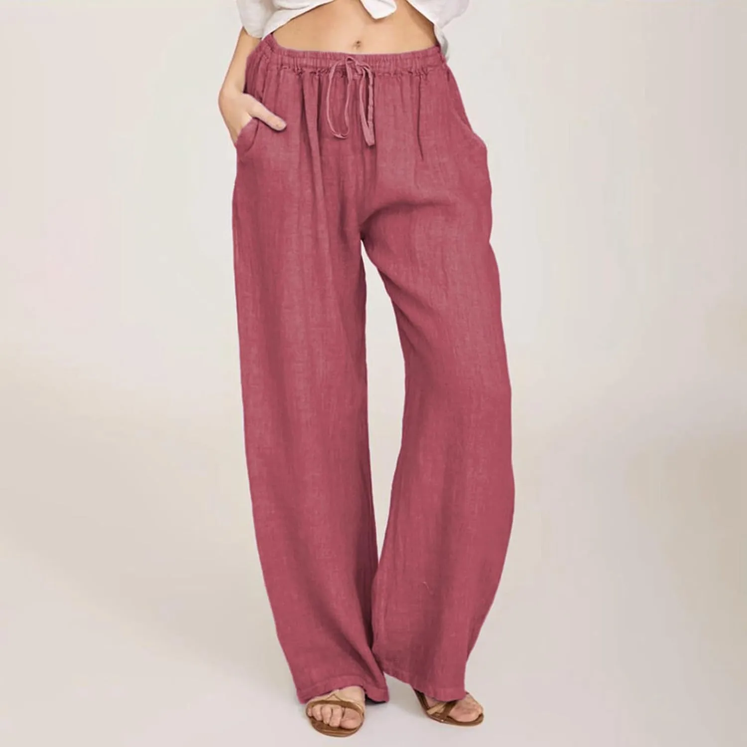 Linen Wide Leg Pants for Women Casual Elastic Waisted Palazzo Stretchy Summer Beach Travel Vacation Lounge Trousers