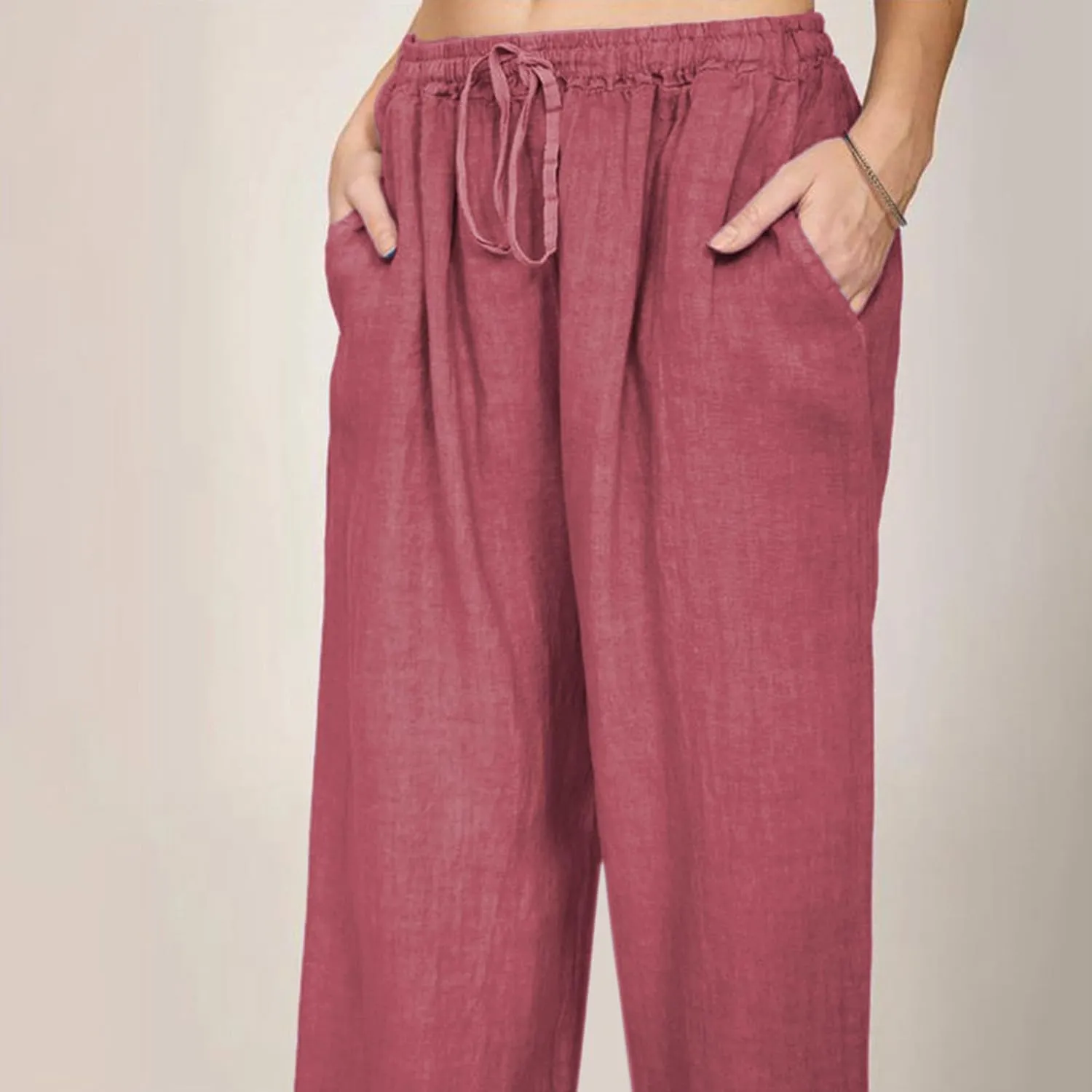 Linen Wide Leg Pants for Women Casual Elastic Waisted Palazzo Stretchy Summer Beach Travel Vacation Lounge Trousers