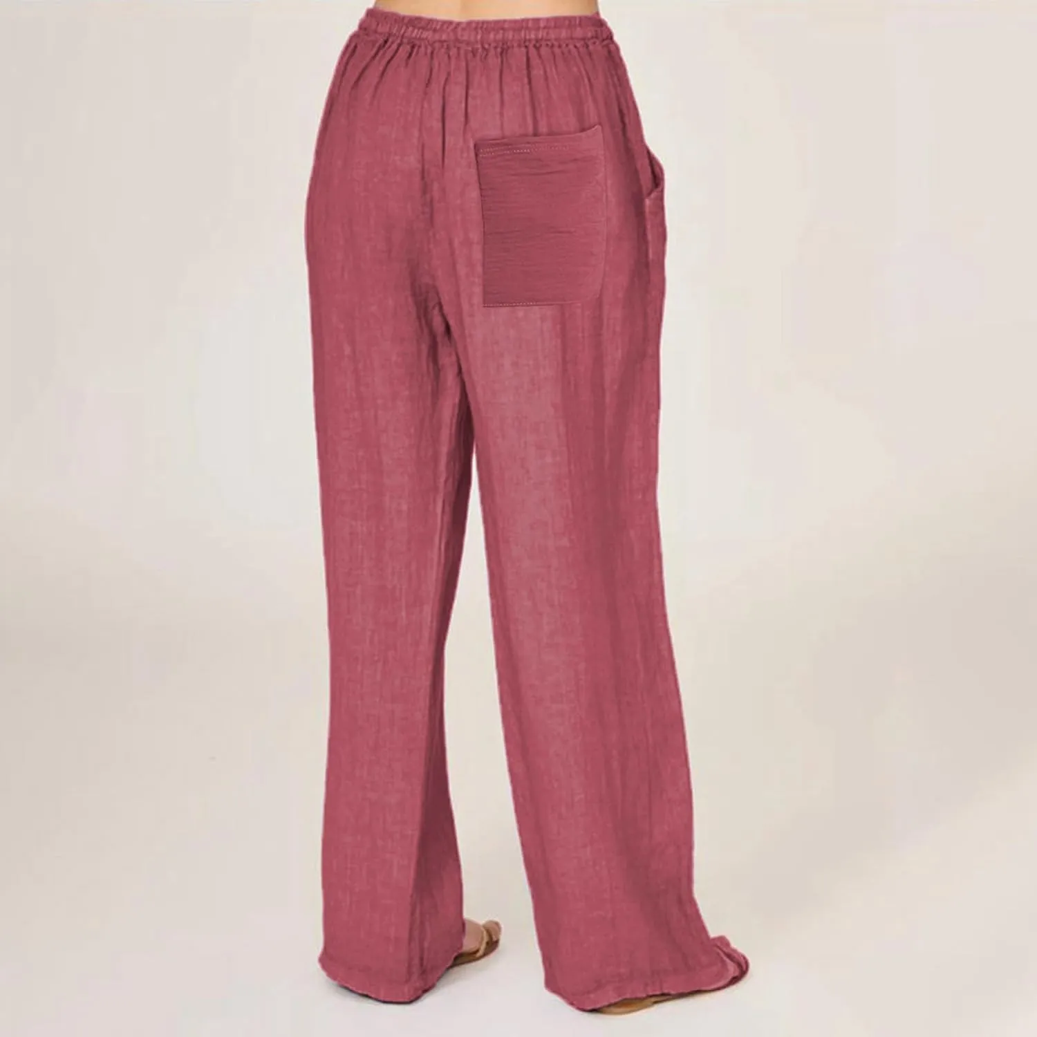 Linen Wide Leg Pants for Women Casual Elastic Waisted Palazzo Stretchy Summer Beach Travel Vacation Lounge Trousers