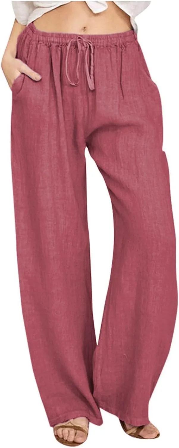 Linen Wide Leg Pants for Women Casual Elastic Waisted Palazzo Stretchy Summer Beach Travel Vacation Lounge Trousers