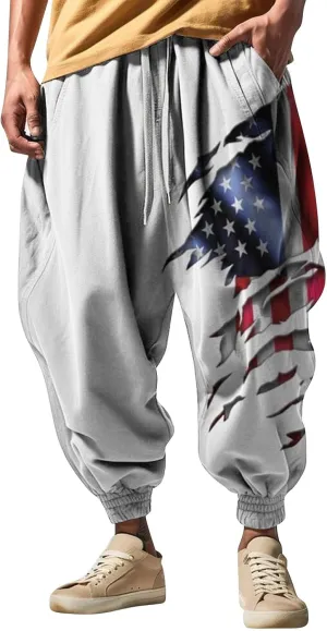 Loose Drop Crotch Trousers Casual Drawstring Men Elastic Waist with Pockets Tapered Sweatpants for Men Multi Pockets