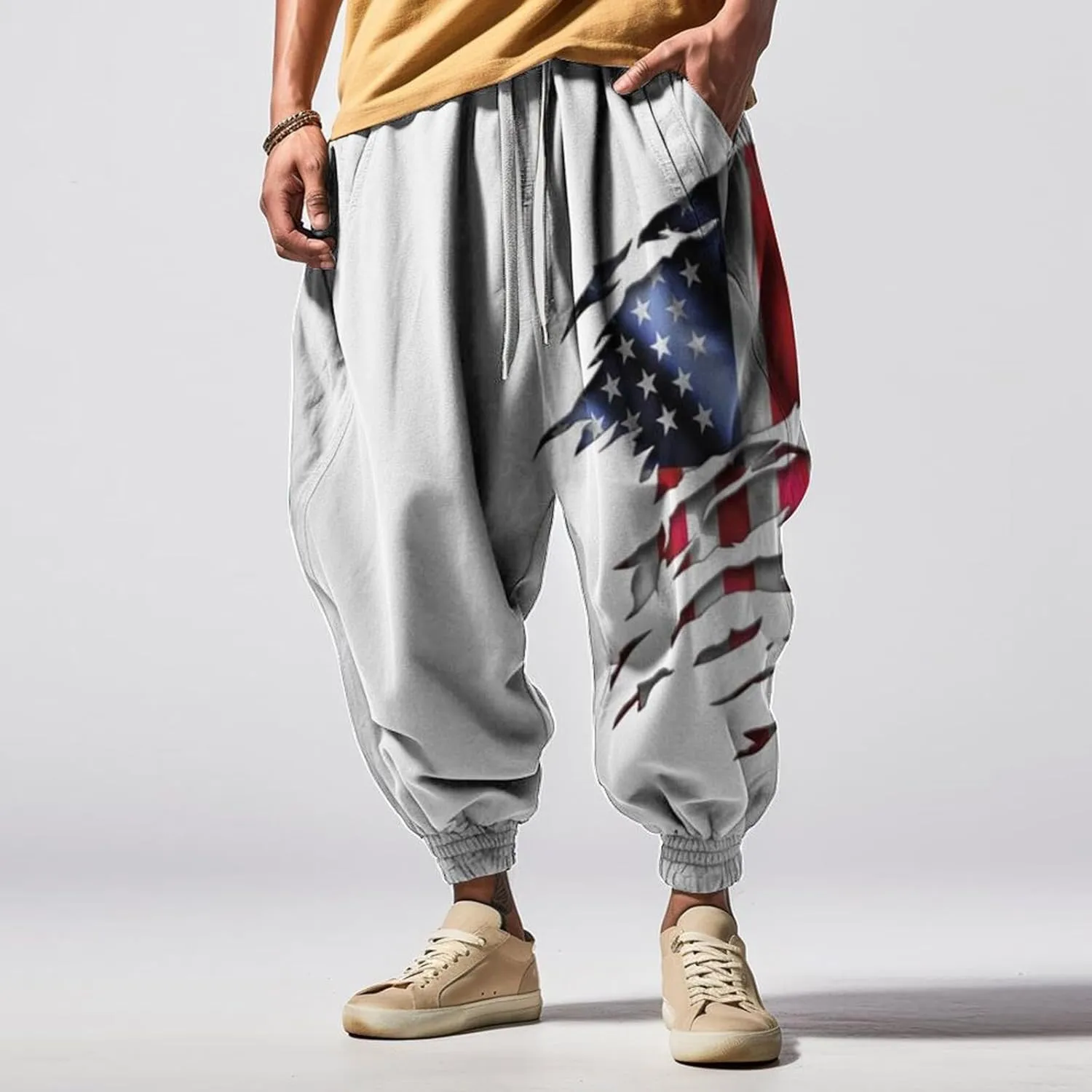 Loose Drop Crotch Trousers Casual Drawstring Men Elastic Waist with Pockets Tapered Sweatpants for Men Multi Pockets