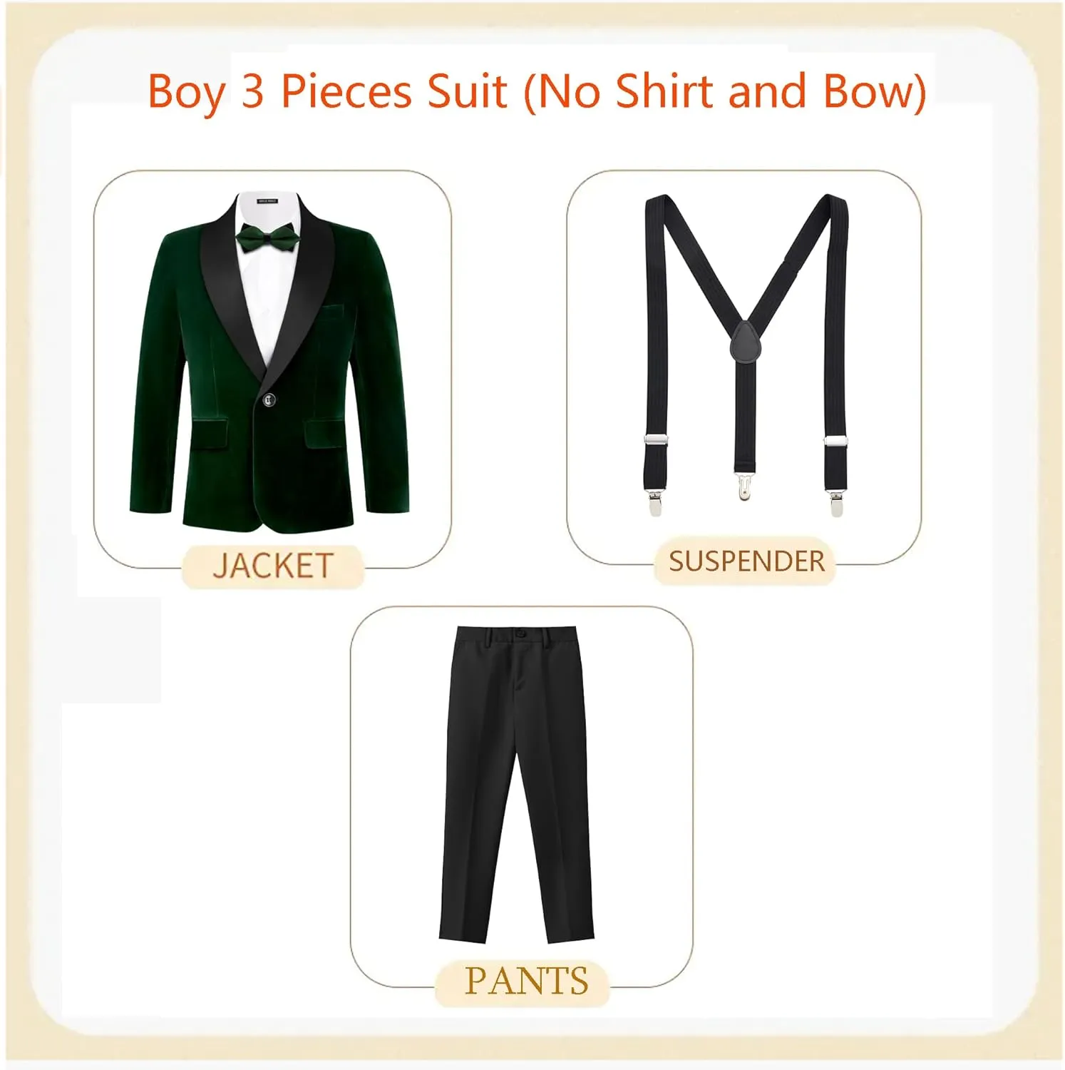 MAGE MALE Boys Velvet 3 Pieces Suit Multiple Colour Jacket Pants Set for Wedding Prom Party Tuxedo with Kids Suspenders