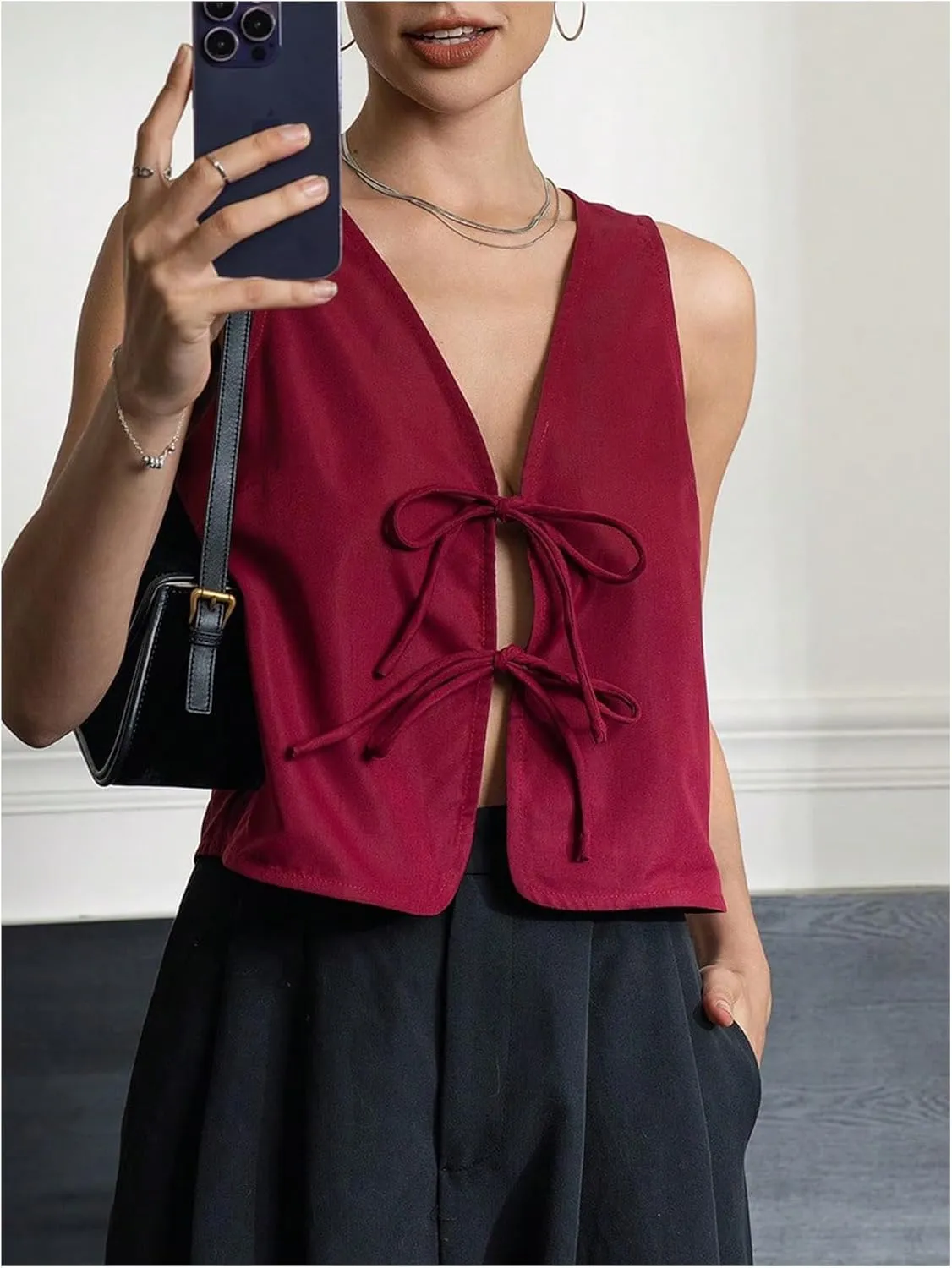 MakeMeChic Women's Bow Tie Front Vest V Neck Sleeveless Summer Vest Tops
