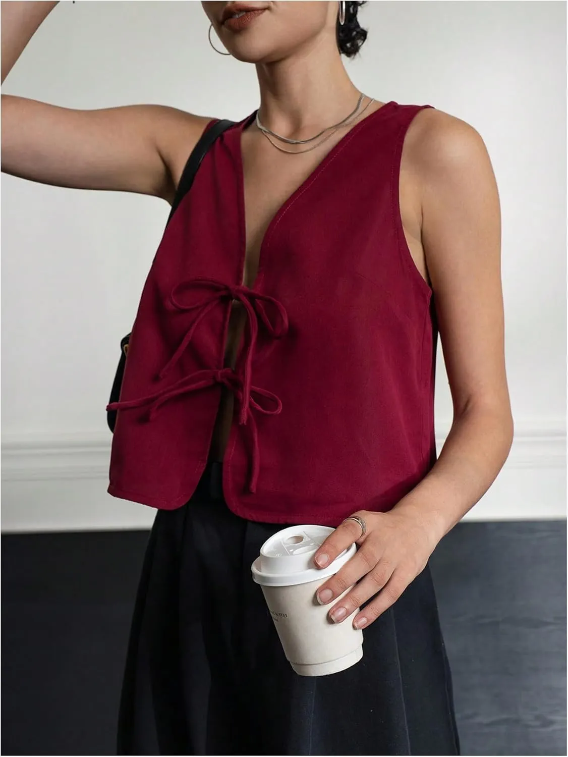 MakeMeChic Women's Bow Tie Front Vest V Neck Sleeveless Summer Vest Tops