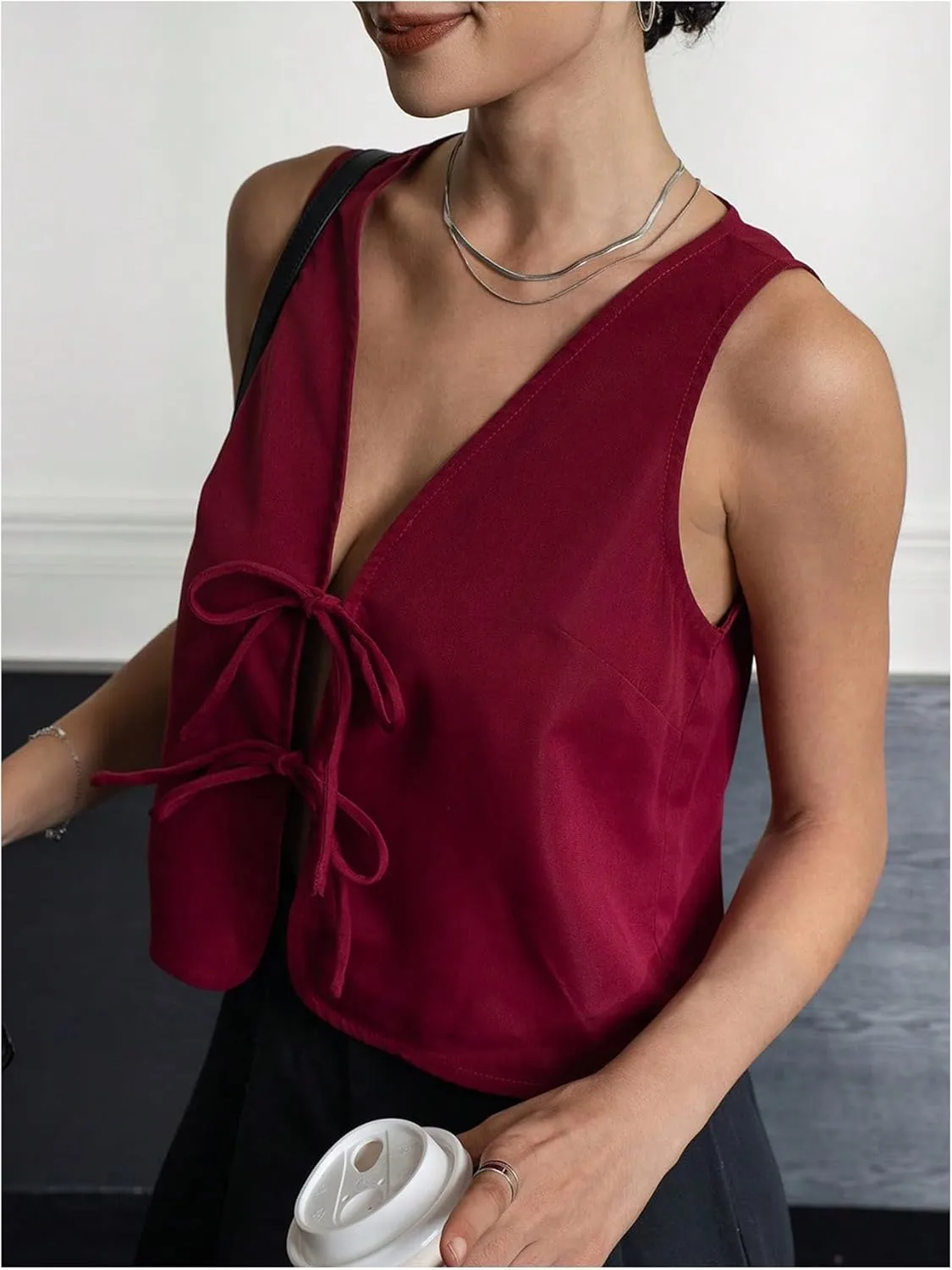 MakeMeChic Women's Bow Tie Front Vest V Neck Sleeveless Summer Vest Tops
