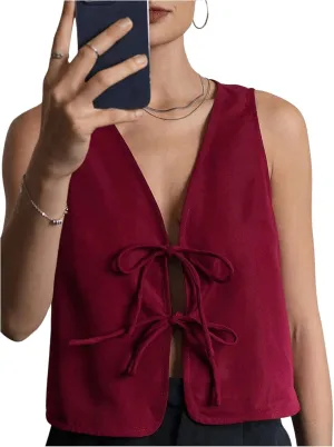 MakeMeChic Women's Bow Tie Front Vest V Neck Sleeveless Summer Vest Tops