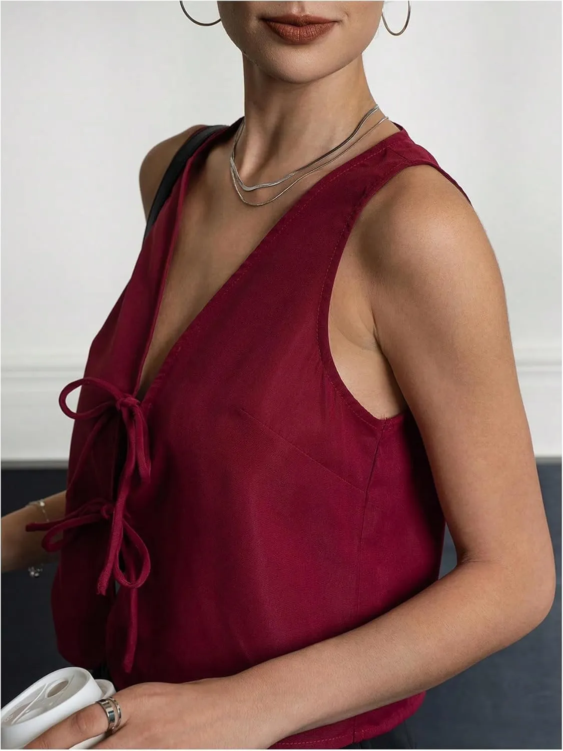 MakeMeChic Women's Bow Tie Front Vest V Neck Sleeveless Summer Vest Tops