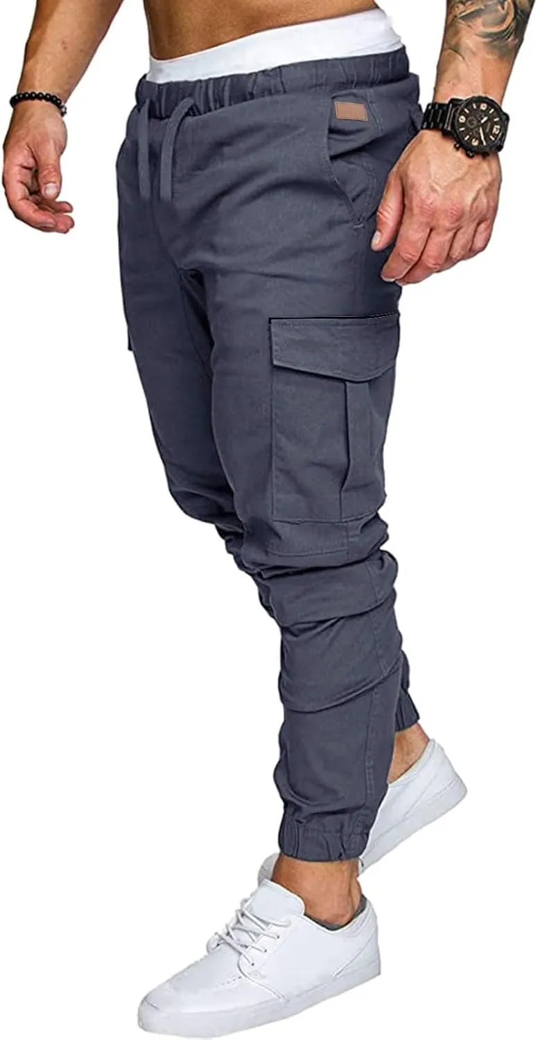 Mens Casual Joggers Pants Slim Fit Stretch Waist Tapered Hiking Pants Outdoor Tactical Sweatpants with Multi Pockets