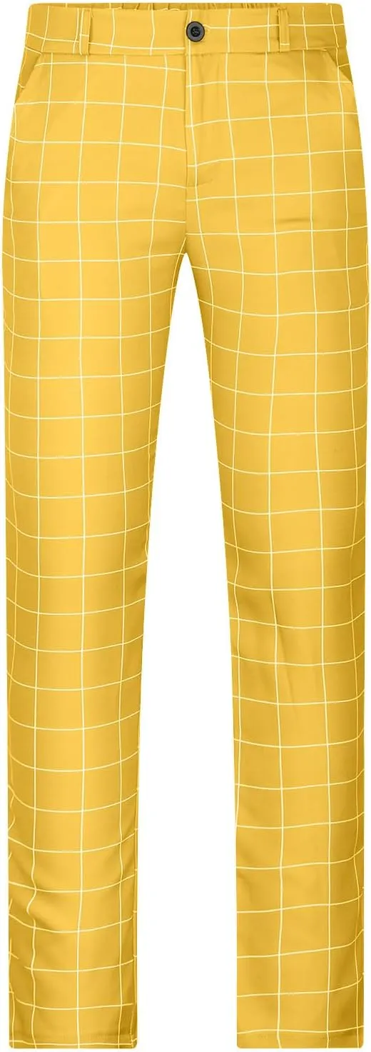 Mens Plaid Suit Dress Pants 4-Way Stretch Elastic Waist Straight Leg Pant Casual Business Formal Trousers with Pocket