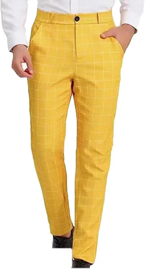 Mens Plaid Suit Dress Pants 4-Way Stretch Elastic Waist Straight Leg Pant Casual Business Formal Trousers with Pocket