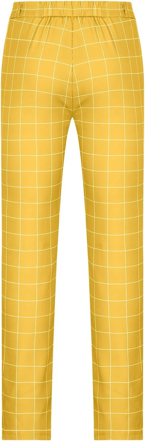 Mens Plaid Suit Dress Pants 4-Way Stretch Elastic Waist Straight Leg Pant Casual Business Formal Trousers with Pocket