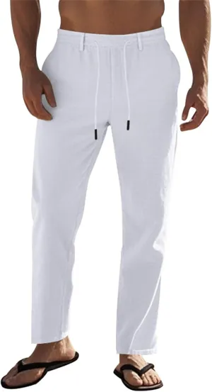 Men's Slim Fit Cotton Linen Pants Elastic Waist Lightweight Lacing Up Casual Pants Yoga Beach Trousers with Pockets