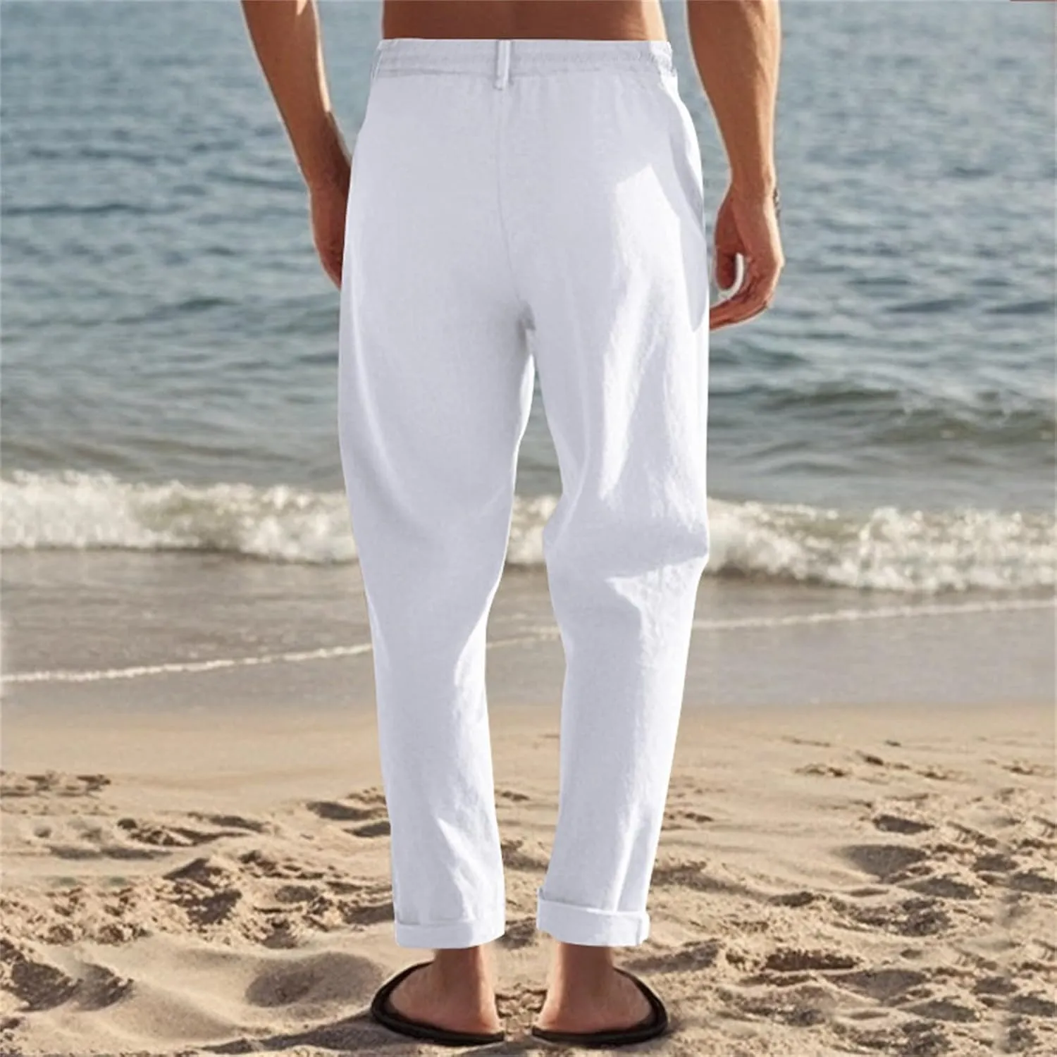Men's Slim Fit Cotton Linen Pants Elastic Waist Lightweight Lacing Up Casual Pants Yoga Beach Trousers with Pockets