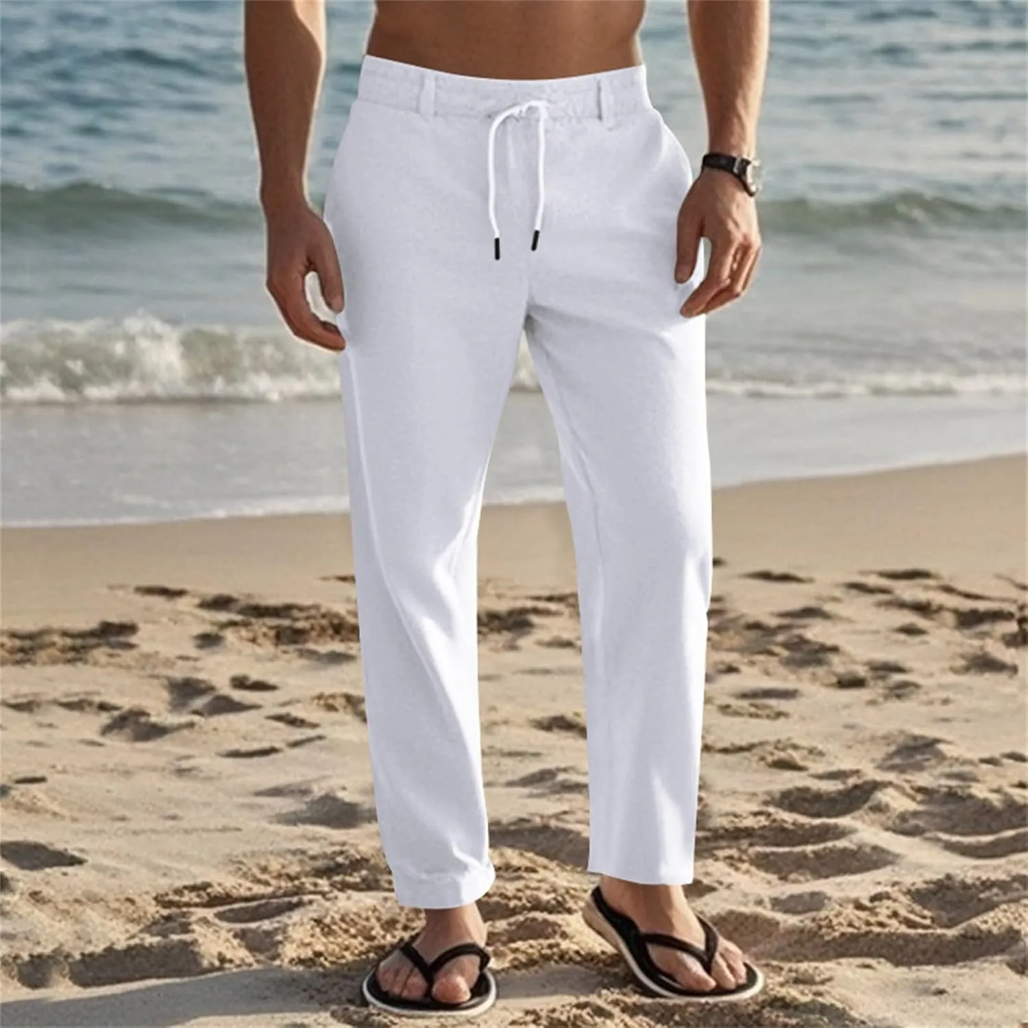 Men's Slim Fit Cotton Linen Pants Elastic Waist Lightweight Lacing Up Casual Pants Yoga Beach Trousers with Pockets