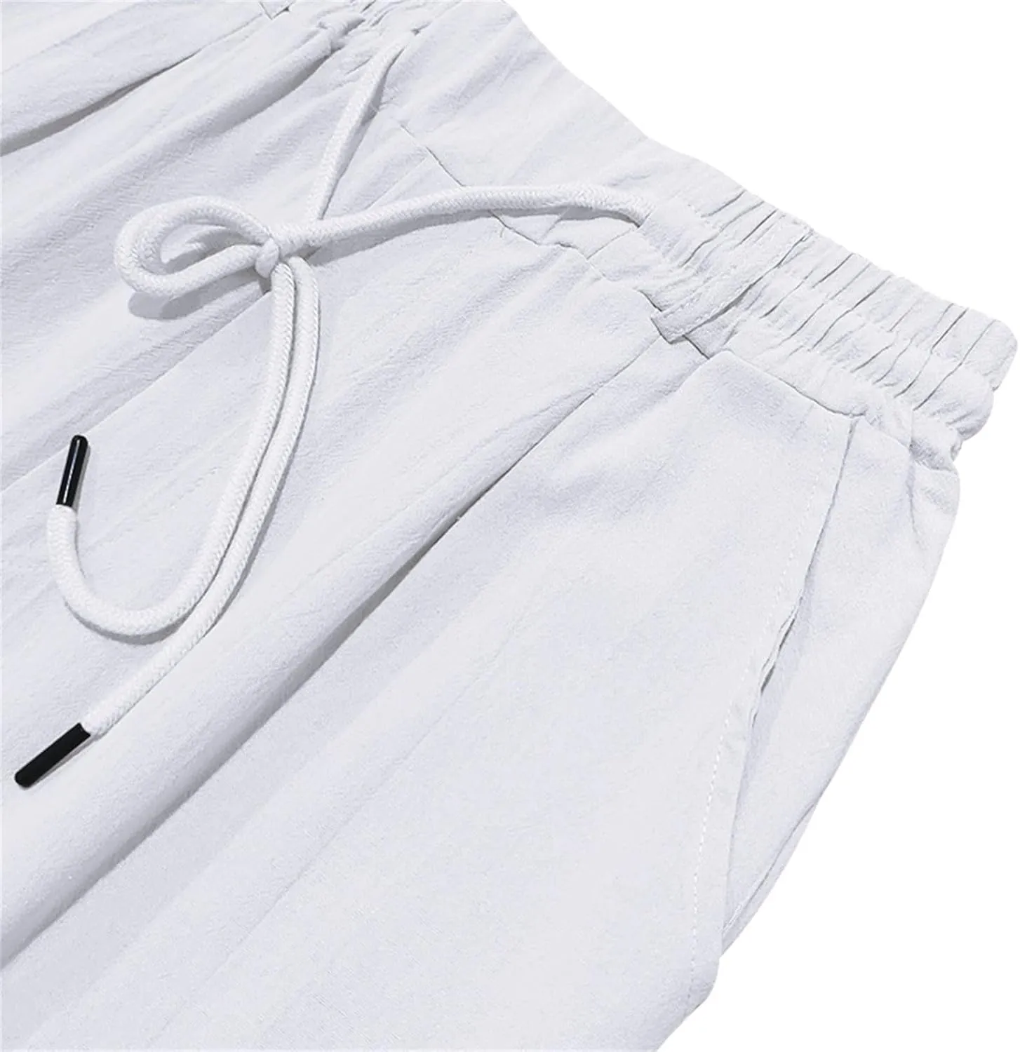 Men's Slim Fit Cotton Linen Pants Elastic Waist Lightweight Lacing Up Casual Pants Yoga Beach Trousers with Pockets