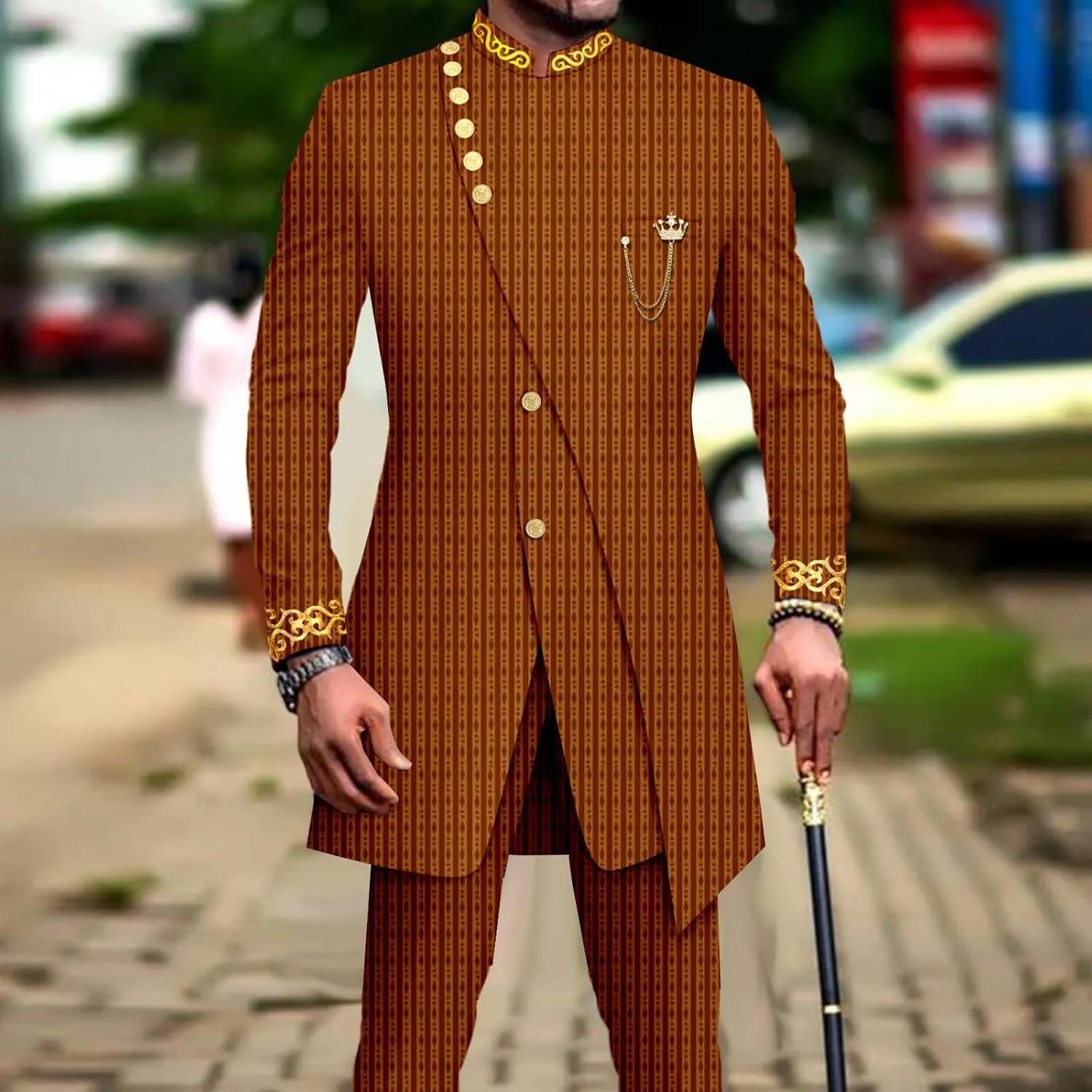Men`s Suit Double Breasted Slim Fit Embroidery Chain Blazer and Pants Set Dashiki Outfits African Clothes