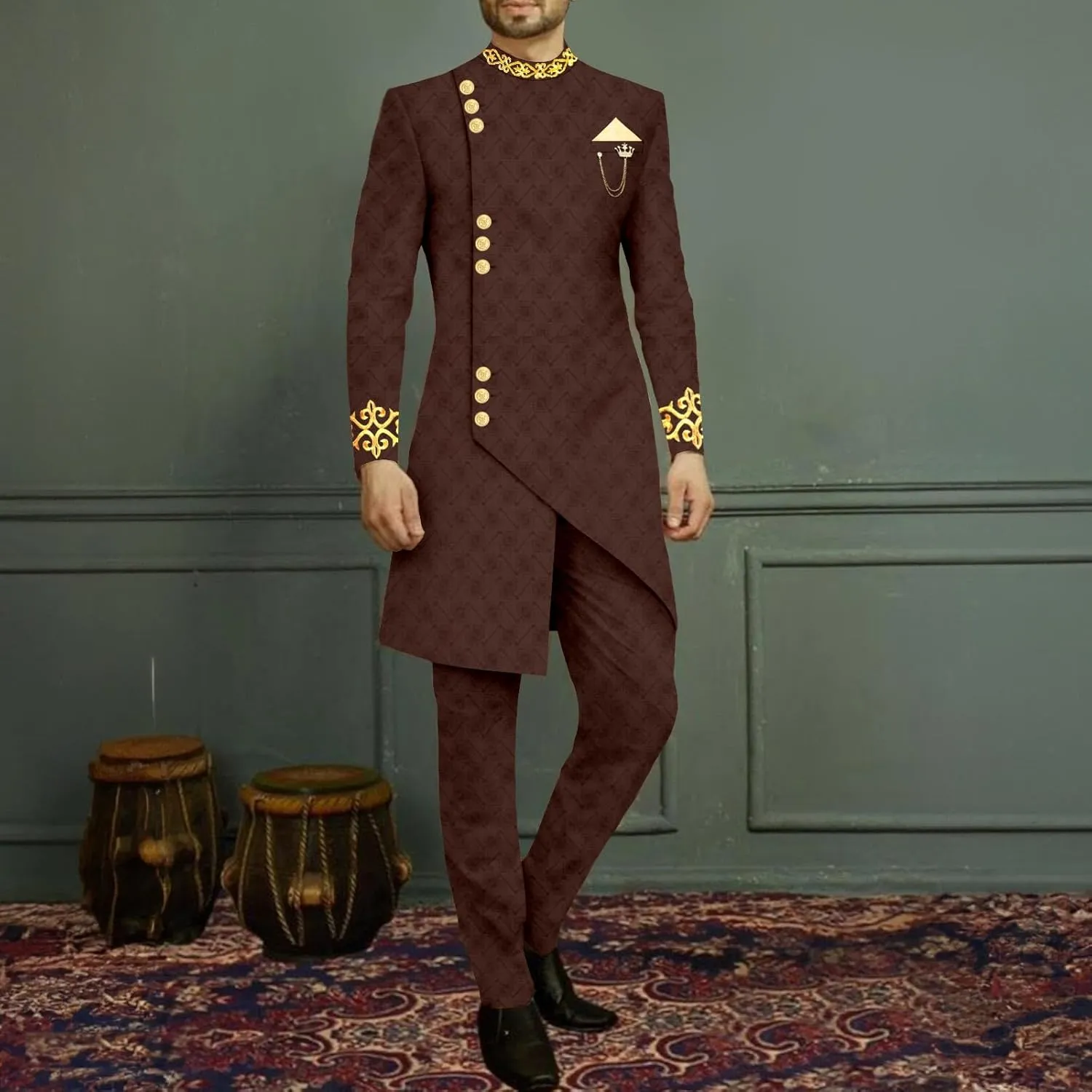 Men`s Suit Slim Fit Embroidery Single Breated Blazer and Pants Set African Clothes Formal Outfits