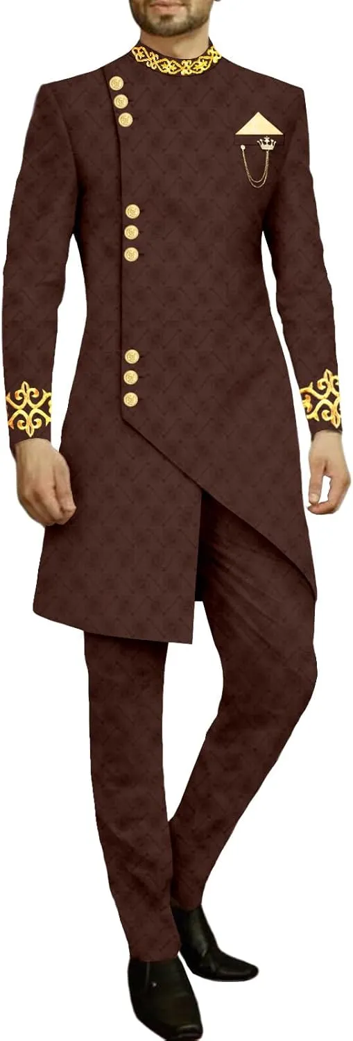 Men`s Suit Slim Fit Embroidery Single Breated Blazer and Pants Set African Clothes Formal Outfits