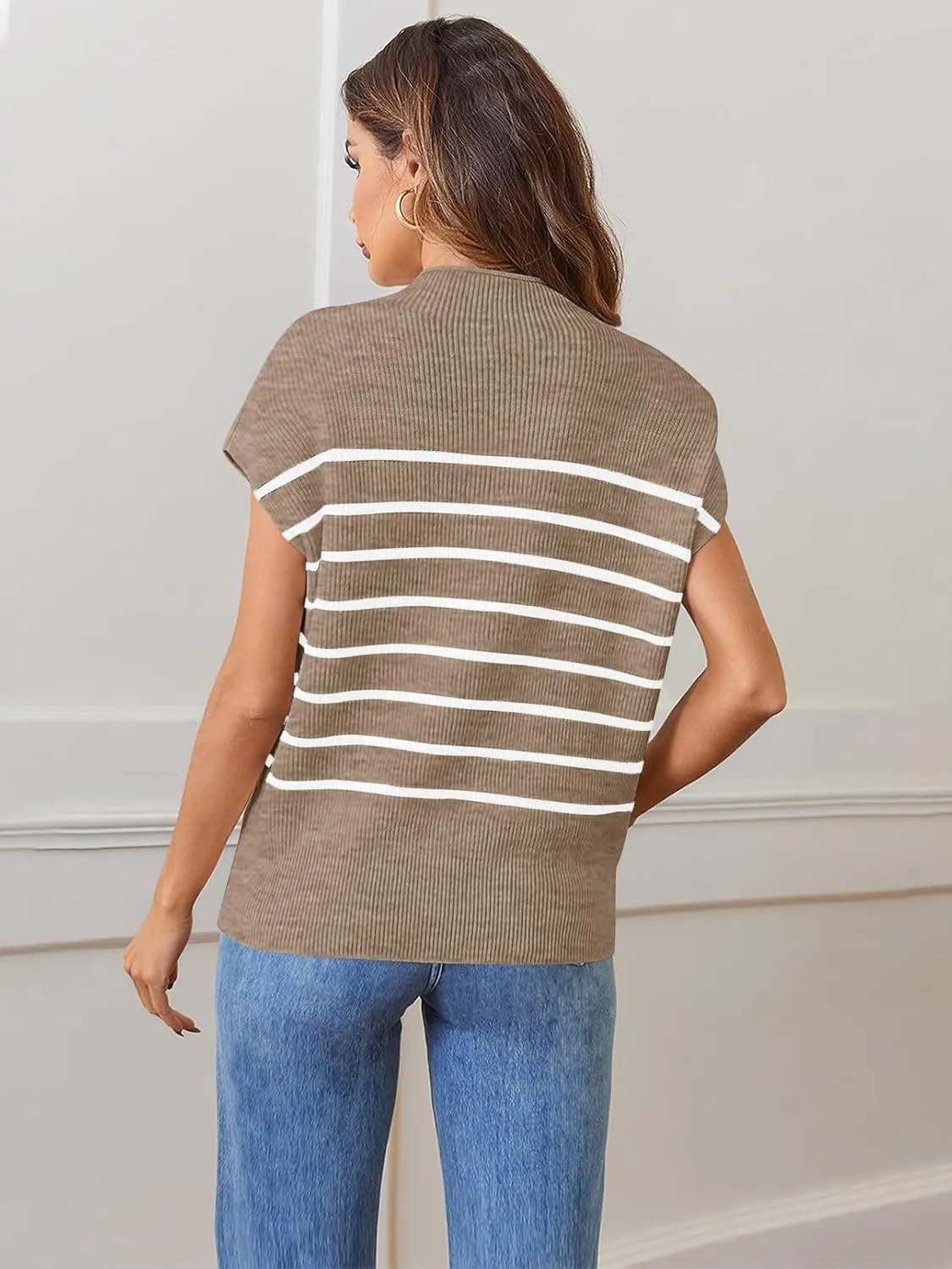 MEROKEETY Women's 2025 Sleeveless Mock Neck Striped Sweater Vest Cap Sleeve Ribbed Knit Pullover Tank Tops