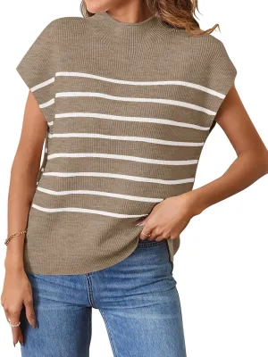 MEROKEETY Women's 2025 Sleeveless Mock Neck Striped Sweater Vest Cap Sleeve Ribbed Knit Pullover Tank Tops
