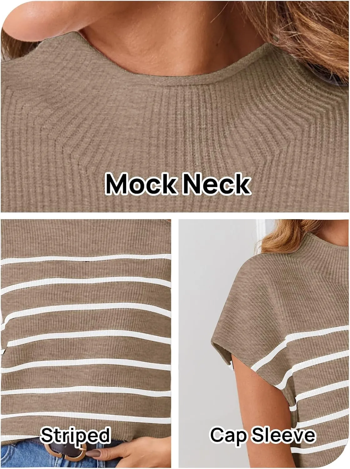 MEROKEETY Women's 2025 Sleeveless Mock Neck Striped Sweater Vest Cap Sleeve Ribbed Knit Pullover Tank Tops
